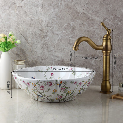 JIENI Art Ceramic Basin Set Spring Blossoms Design Washbasin Bathroom Sink Set Antique Brass Water Mixer Tap Faucet W/ Pop Drain