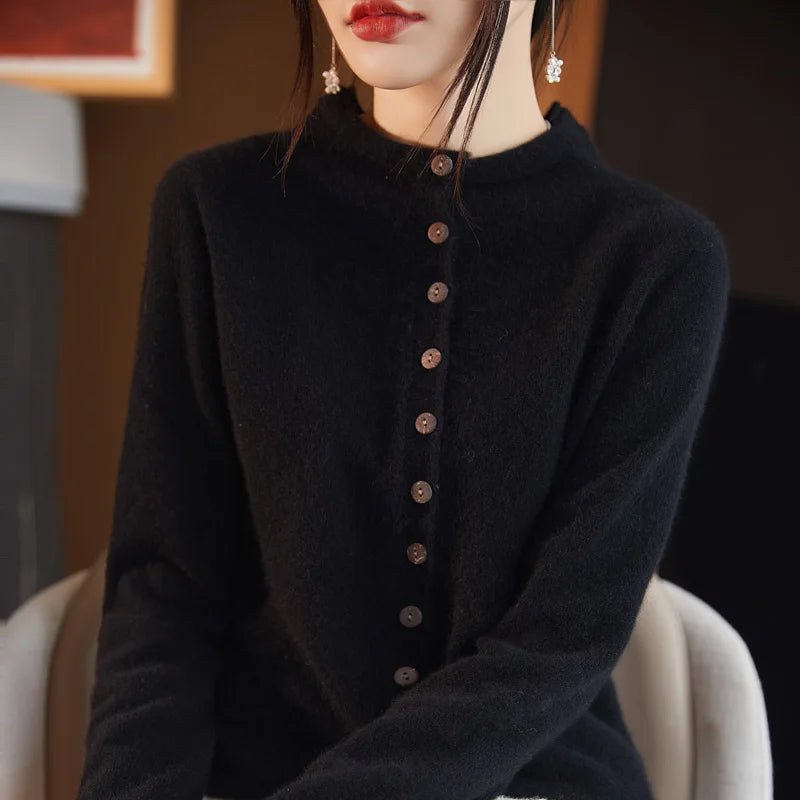 Autumn Winter 100% Wool Thicken Shirt Sweater Women Curled Round Neck Knitted Cardigan Female Multi Buckle Casual Warm Soft Top