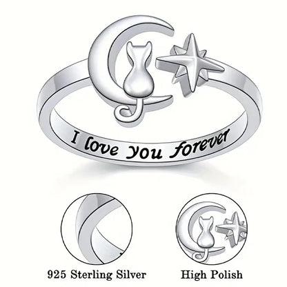 Huitan 925 Sterling Silver Opening Rings Unique Moon Star Cute Cat Design Finger Rings for Women Romantic Love Jewelry Best Gift