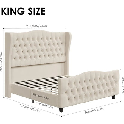 King Bed Frame with Velvet Upholstered Deep Button Tufted Wingback Headboard and Footboard, No Box Spring Needed, King Bed Frame