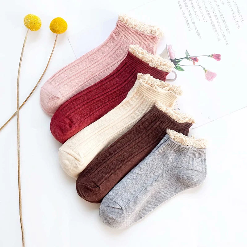 3 Pairs Fashion Lace Ruffles Soft Cotton Women Socks Solid Spring Summer Cute Sweet Princess Girl Cozy Lovely Frilled Socks