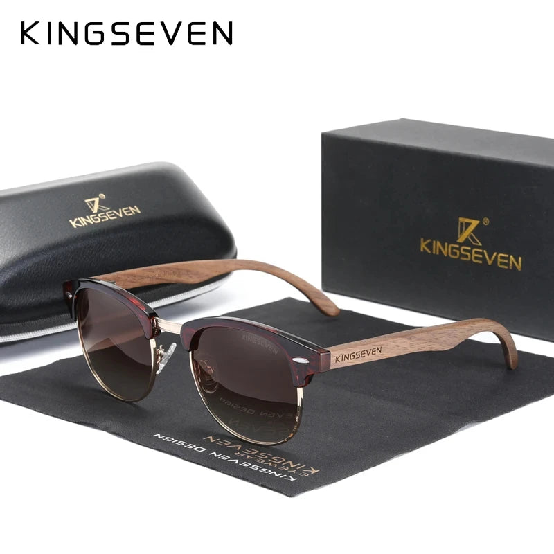 KINGSEVEN New Walnut Wooden Sunglasses For Men Polarized Semi-Rimless Glasses UV400 Eye Protection Retro Eyewear Women Accessory