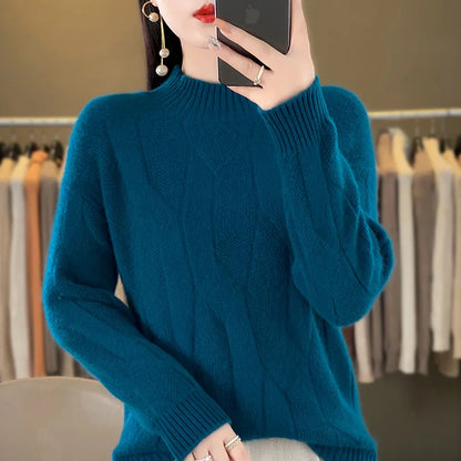 Women's Soft Wool Sweater Half-high Collar Twisted Thickened Pullover Autumn Winter Casual Basis Top Cashmere Female Knitwear