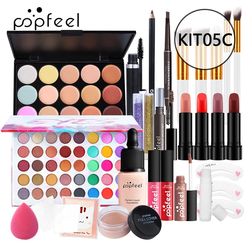 POPFEEL Makeup Full Kit Female Make Up Set Eye Shadow Eyeshadow Palette Lip Gloss Mascara Eyeliner Brushes Bag Make-up for Women