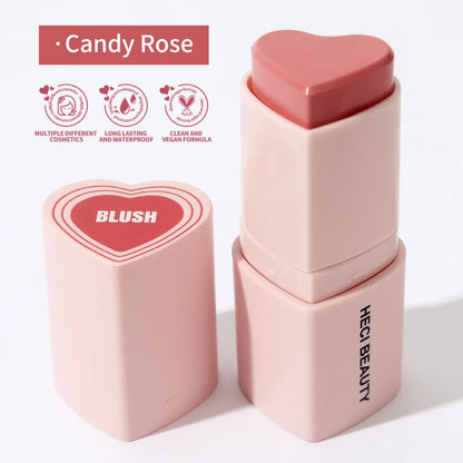 Heart Shape Vegan Creamy Blush Stick Matte Silky Waterproof Pink Blush Cream Makeup Stick High Pigment 3in1 Lip Eye Cheek Tint