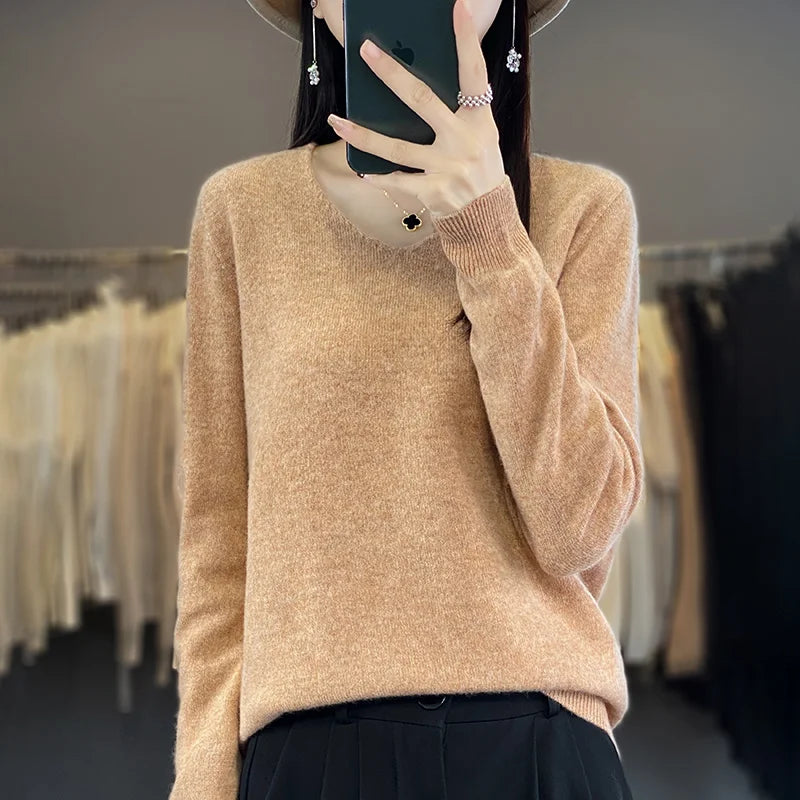 100% Pure Wool Soft Sweater Women Autumn Winter First Line Seamless Low V-neck Pullover Basis Casual Cashmere Warm Knitting Top