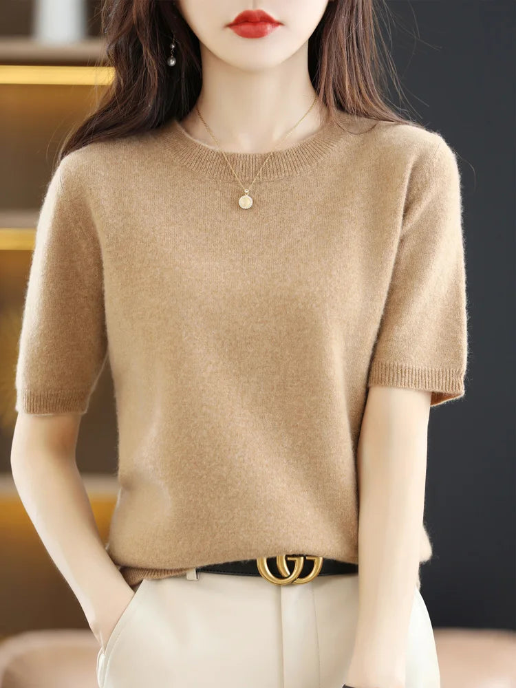 New Short-sleeved Knitwear Women O-neck T-shirt Wool Cotton Blend Pullover Vest Sprig Summer Bottoming Tops Sweater Solid Soft