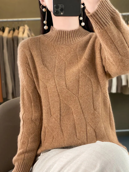 Women's Soft Wool Sweater Half-high Collar Twisted Thickened Pullover Autumn Winter Casual Basis Top Cashmere Female Knitwear