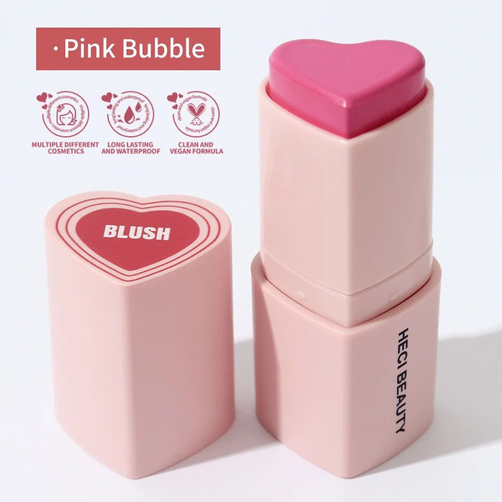 Heart Shape Vegan Creamy Blush Stick Matte Silky Waterproof Pink Blush Cream Makeup Stick High Pigment 3in1 Lip Eye Cheek Tint