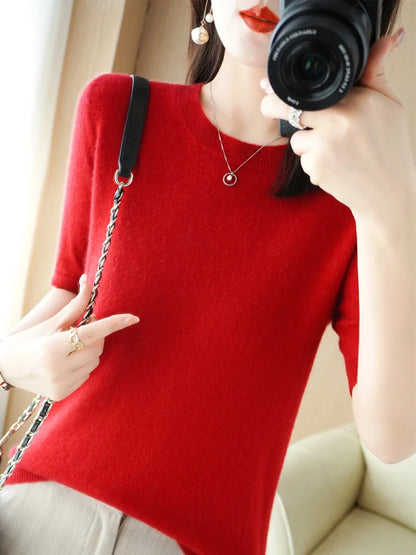 New Short-sleeved Knitwear Women O-neck T-shirt Wool Cotton Blend Pullover Vest Sprig Summer Bottoming Tops Sweater Solid Soft