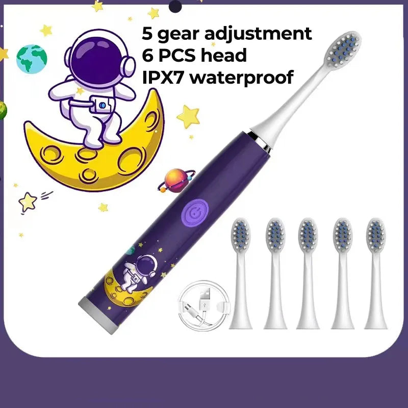 Child's USB Sonic Electric Toothbrush Rechargeable Colorful Cartoon Brush Kids Automatic IPX7 Waterproof With Replacement Heads