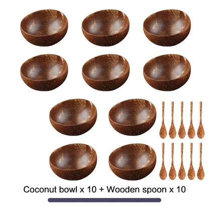 Women 12-15cm Natural Coconut Bowl Dinner Set Handmade Wooden Tableware Wood Spoon Dessert Fruit Salad Mixing Rice Ramen Bowl