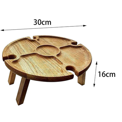 Wooden Outdoor Folding Picnic Table With Glass Holder Round Foldable Desk Wine Glass Rack Collapsible Table for Garden Party