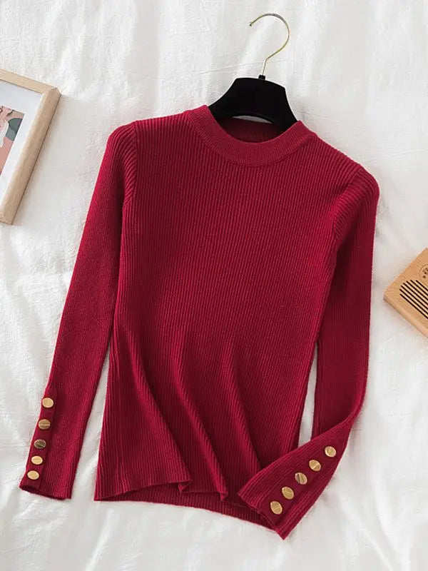 2024 women thick sweater pullovers khaki casual autumn winter button o-neck chic sweater female slim knit top soft jumper tops