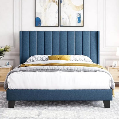 Queen Frame Upholstered Platform Bed With Fabric Headboard, Wing Edge Design/Non-Slip And Noise-Free/Wooden Slats