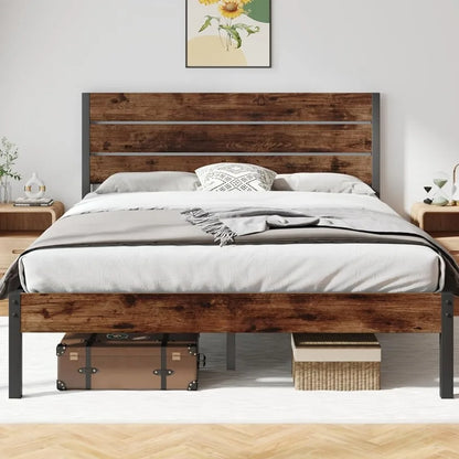 Queen Bed Frame with Headboard and Footboard, with Under Beds Storage, All-Metal Support System,Rustic Brown Queen Bed Frame