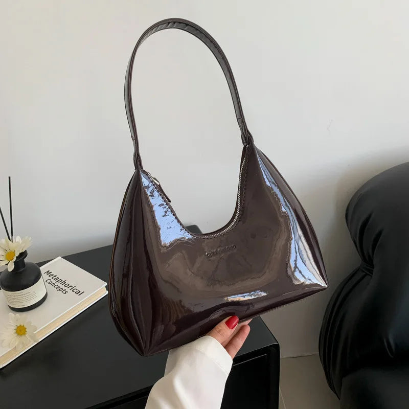 Trendy Designer Solid Shoulder Bags for Women Handbags and Purses New Fashion Patent Leather Underarm Ladies Tote Bags