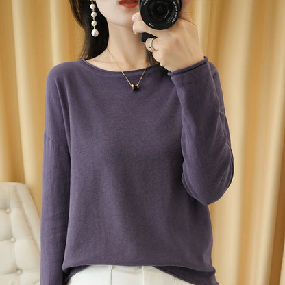 100% Cotton Women Knit Sweater Crimped Edge O-Neck Pullover Bottoming Pure Cotton Sweater Spring Autumn New Tops Clothes