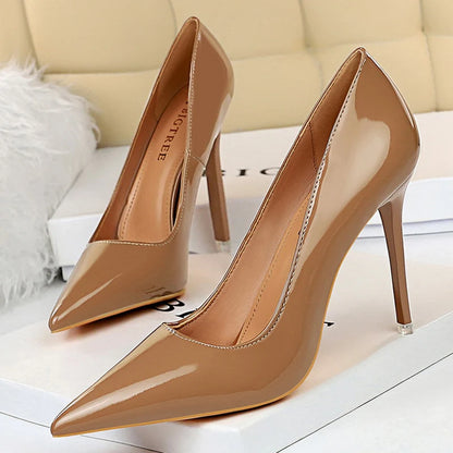 Women 7.5cm 10.5cm High Heels Wedding Bridal Classic Pumps Lady Scarpins Metallic Leather Low Heels Stiletto Nude Office Shoes