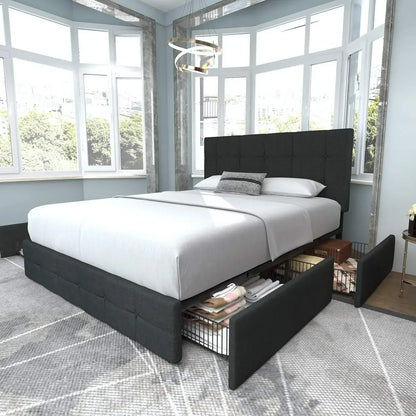 Bed Frame Upholstered Full-size Platform Beds Frames With 4 Storage Drawers And Headboard With Mattress Black Bed Frame