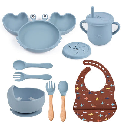 9Pcs Baby Silicone Non-Slip Suction Bowl Plate Spoon Waterproof Bib Cup Set Baby Crab Dishes Food Feeding Bowl for Kids BPA Free