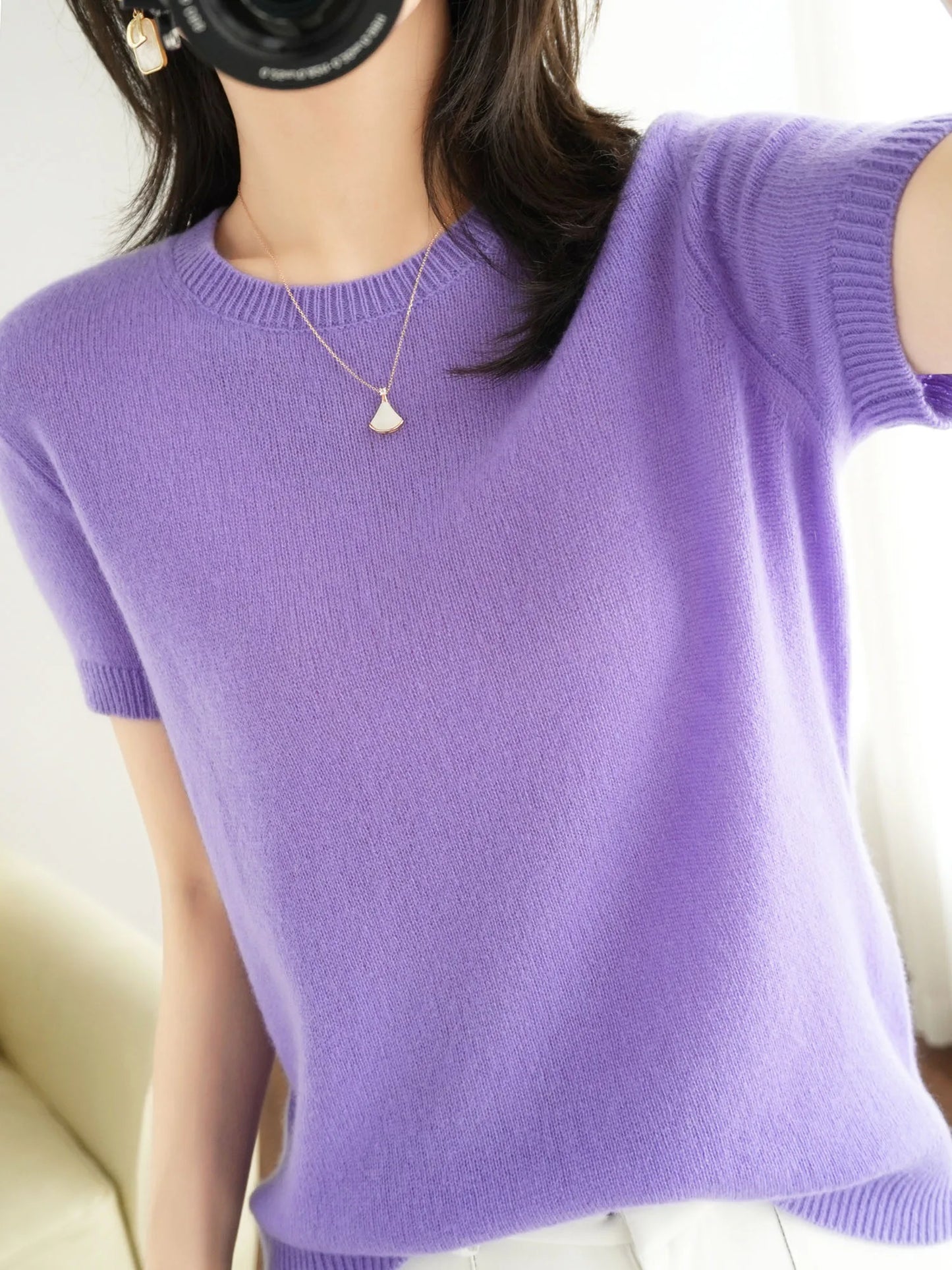 New Short-sleeved Knitwear Women O-neck T-shirt Wool Cotton Blend Pullover Vest Sprig Summer Bottoming Tops Sweater Solid Soft