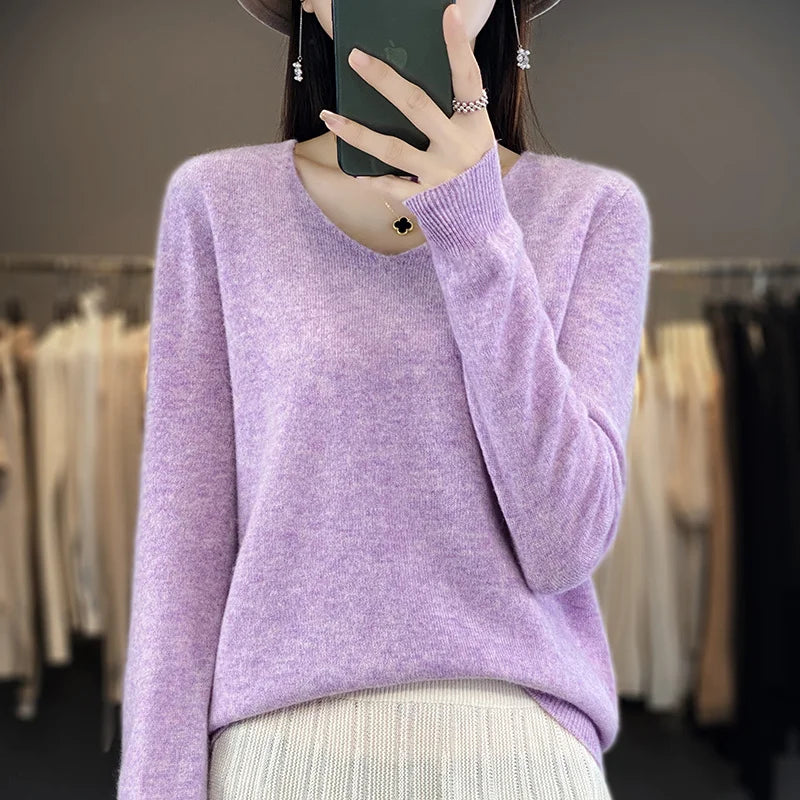 100% Pure Wool Soft Sweater Women Autumn Winter First Line Seamless Low V-neck Pullover Basis Casual Cashmere Warm Knitting Top