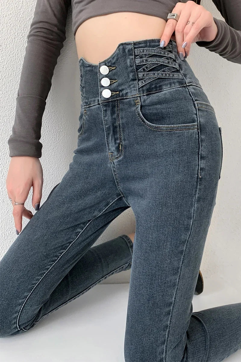 ZOENOVA Skinny Pencil Jeans Four Buttons Vintage High Waist Women Slim Stretch Denim Pants Tight Trousers Women's Pants