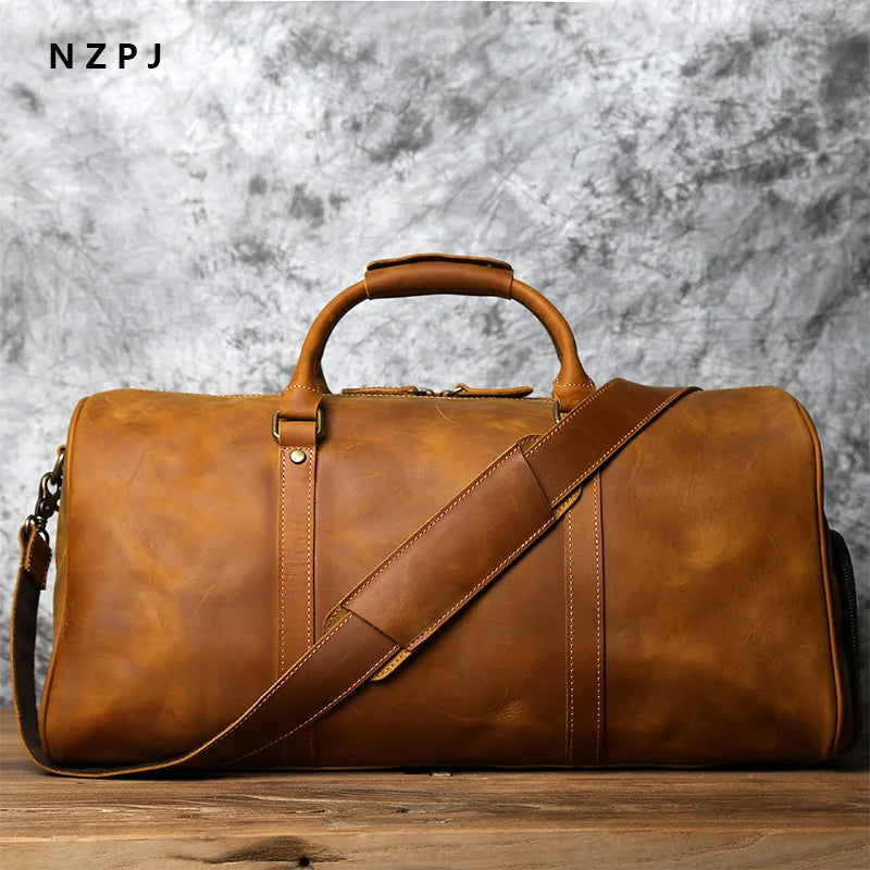 NZPJ Men's Retro Leather Travel Bag First Layer Cowhide Large-capacity Travel Bag Business Trip Handbag Shoulder Messenger Bag