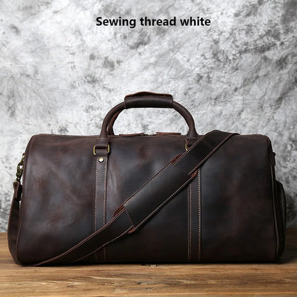 NZPJ Men's Retro Leather Travel Bag First Layer Cowhide Large-capacity Travel Bag Business Trip Handbag Shoulder Messenger Bag