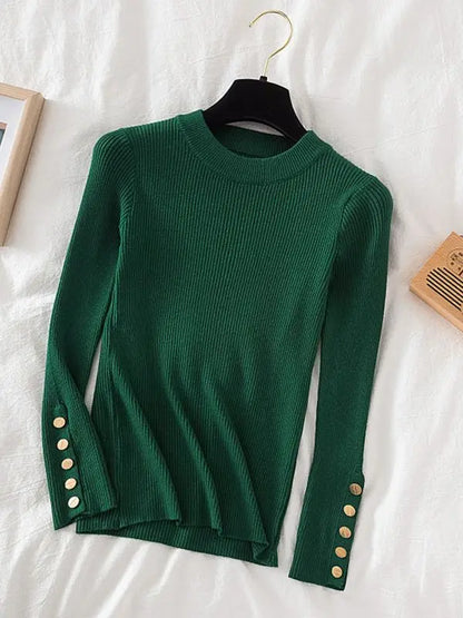 2024 women thick sweater pullovers khaki casual autumn winter button o-neck chic sweater female slim knit top soft jumper tops