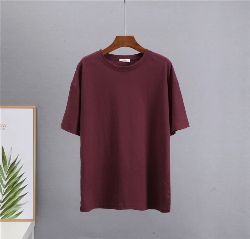 Hirsionsan Basic Cotton T Shirt Women Summer New Loose Solid Tees 19 Color Casual Loose Tshirt Oversized O Neck Female Tops