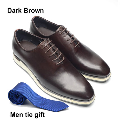 Luxury Handmade Genuine Cowhide Leather Casual Oxfords Mens Dress Shoes Whole-Cut Plain Toe Lace-up Soft Flat Sneakers for Men