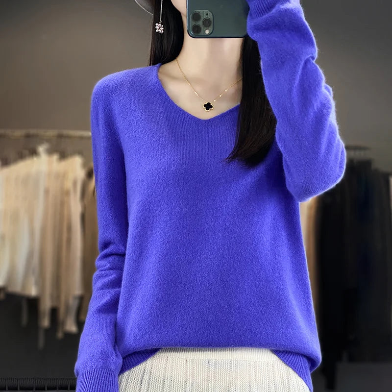 100% Pure Wool Soft Sweater Women Autumn Winter First Line Seamless Low V-neck Pullover Basis Casual Cashmere Warm Knitting Top