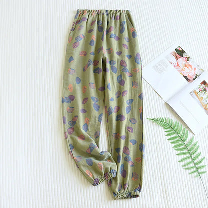 Spring Summer Women's Pajamas 100% Cotton Crepe Pants Women's Comfortable Loose Large Leaf Home Pants Thin bottoms