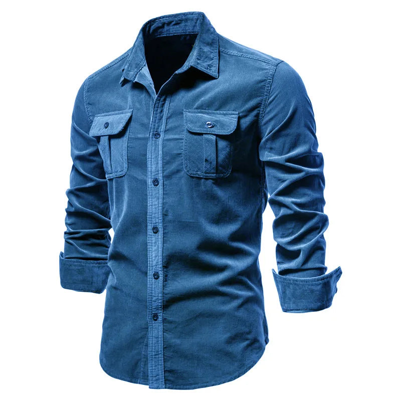 Single Breasted 100% Cotton Men's Shirt Business Casual Fashion Solid Color Corduroy Men Shirts Autumn Slim Shirt Men