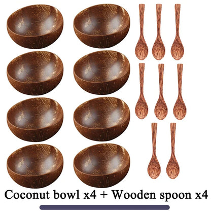 Women 12-15cm Natural Coconut Bowl Dinner Set Handmade Wooden Tableware Wood Spoon Dessert Fruit Salad Mixing Rice Ramen Bowl