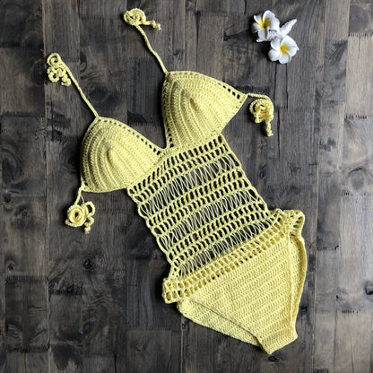 Sexy Hollow Out Cotton Crochet Swimwear, Women One Piece Swimsuit, Female Halter Knit Bodysuits Monokini Beach Bathing Suit