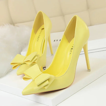 Women 10.5cm High Heels Blue Yellow Pumps Butterfly Knot Leather Stiletto Heels Lady Escarpins Wedding Party Event Shoes