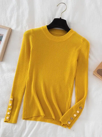 2024 women thick sweater pullovers khaki casual autumn winter button o-neck chic sweater female slim knit top soft jumper tops