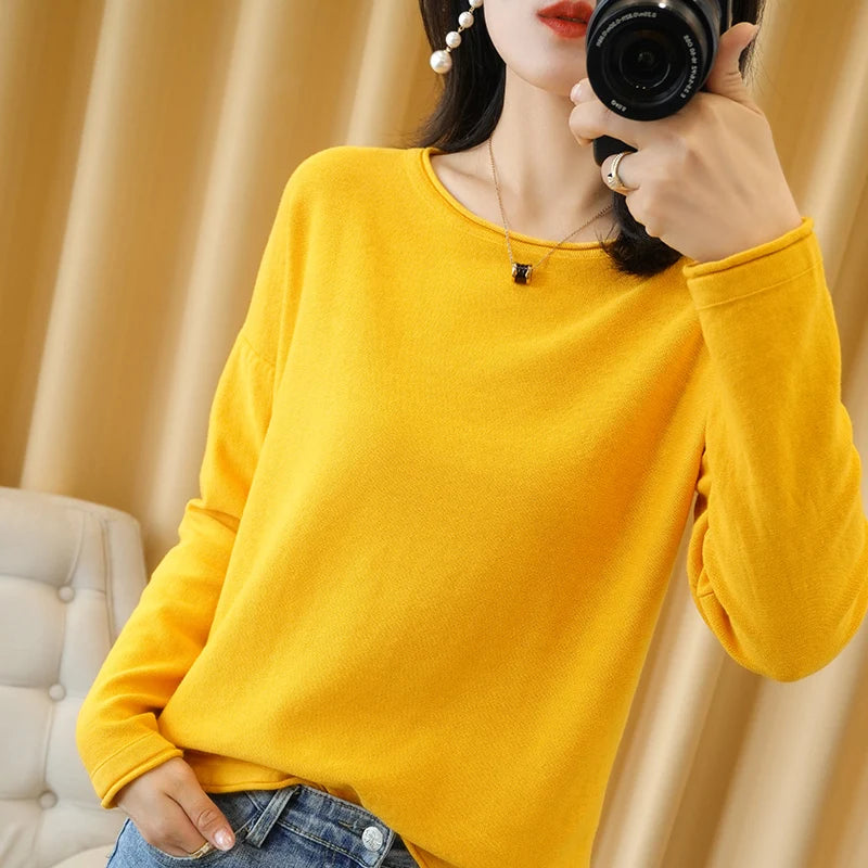 100% Cotton Women Knit Sweater Crimped Edge O-Neck Pullover Bottoming Pure Cotton Sweater Spring Autumn New Tops Clothes