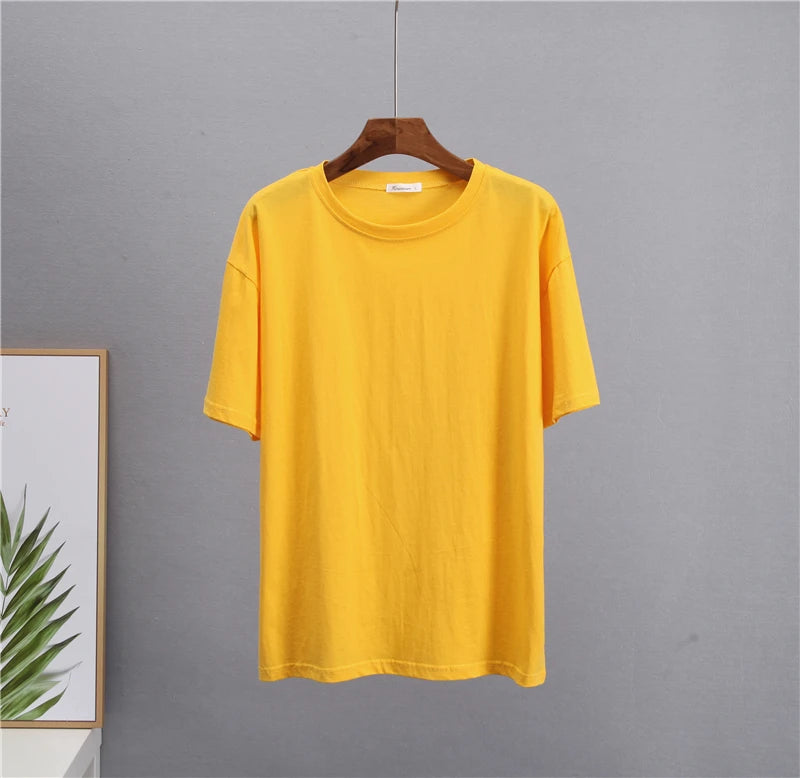 Hirsionsan Basic Cotton T Shirt Women Summer New Loose Solid Tees 19 Color Casual Loose Tshirt Oversized O Neck Female Tops