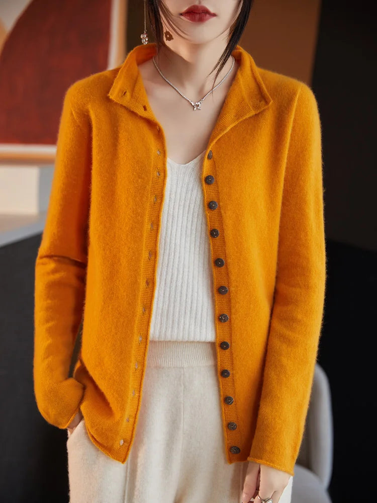 Autumn Winter 100% Wool Thicken Shirt Sweater Women Curled Round Neck Knitted Cardigan Female Multi Buckle Casual Warm Soft Top