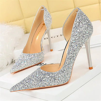 Women 7cm 10.5cm Super High Heels Blue Gold Pumps Sexy Sequins Bling Low Heels Lady Scarpins Luxury Stiletto Sparkly Party Shoes