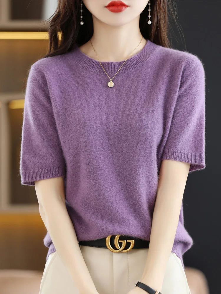 New Short-sleeved Knitwear Women O-neck T-shirt Wool Cotton Blend Pullover Vest Sprig Summer Bottoming Tops Sweater Solid Soft