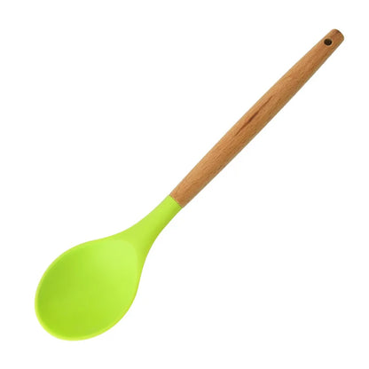 Round Silicone Wooden Handle Soup Spoon Korean Ramen Noodles Bouillon Cooking Long Ladle Japanese Kitchen Tablespoons Tableware