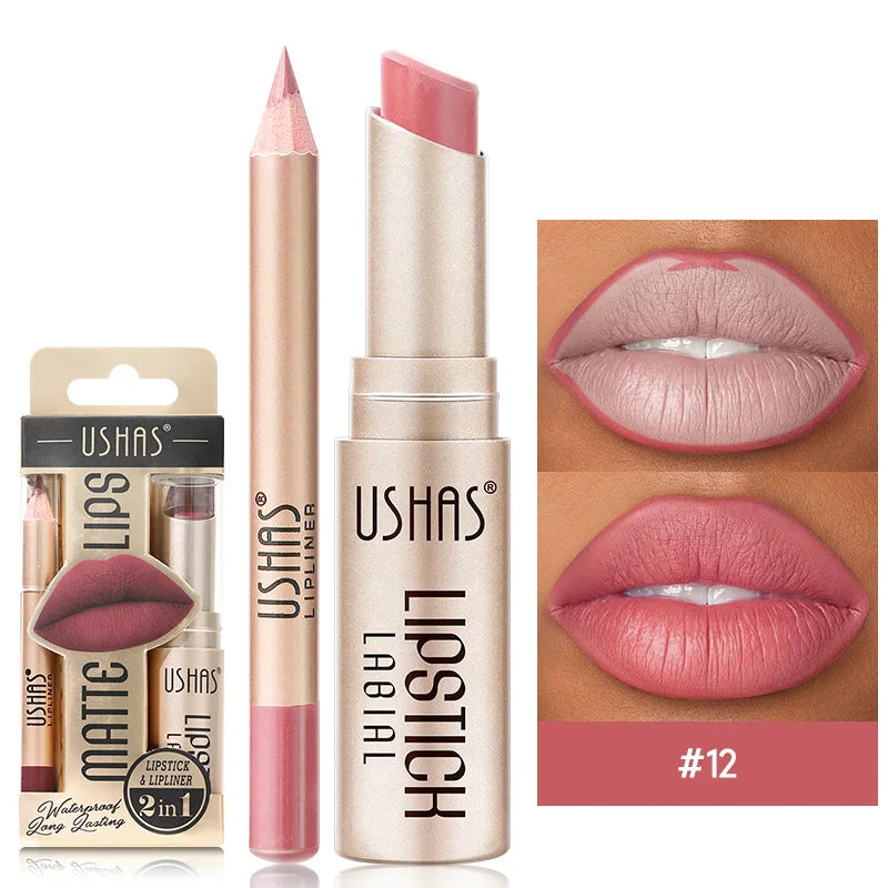 USHAS 12 Color Lip Liner Long-lasting Easy Coloring Non-Stick Cup Long-lasting Waterproof Matte Lipstick Lipstick Set