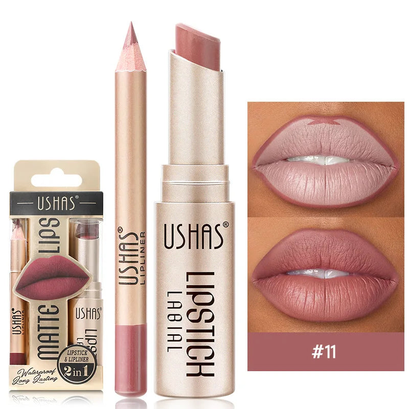 USHAS 12 Color Lip Liner Long-lasting Easy Coloring Non-Stick Cup Long-lasting Waterproof Matte Lipstick Lipstick Set