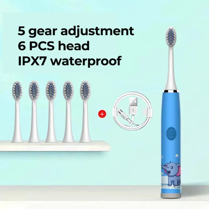 Children Electric Toothbrush Cartoon Kids With Replacement Head Ultrasonic IPX7 Waterproof Rechargeable Sonic Toothbrush