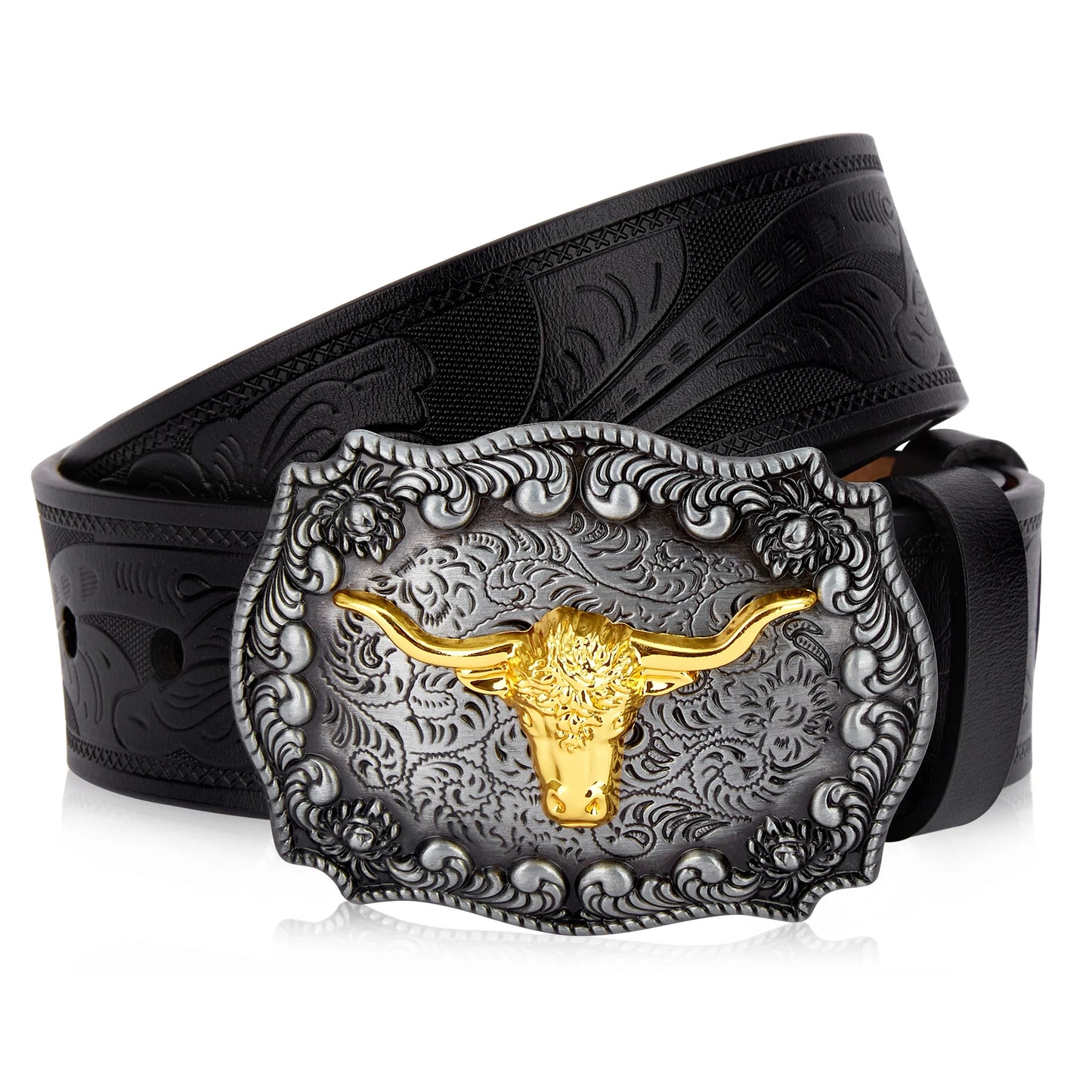 Western Embossed Genuine Leather Men Belts Golden Cowboy Longhorn Bull Pattern Floral Engraved Buckle Belt For Men Free Shipping